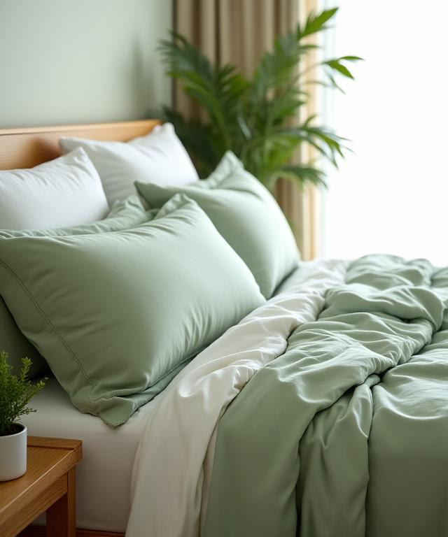 A beautifully made bed with stacked pillows and luxurious sage green linen sheets