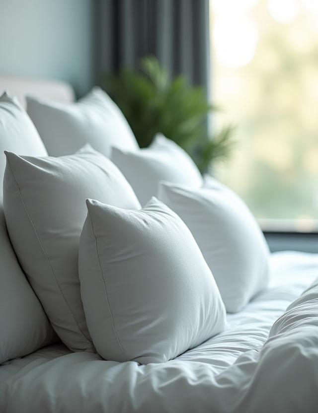 Luxury bedroom featuring premium pillows and bed linens