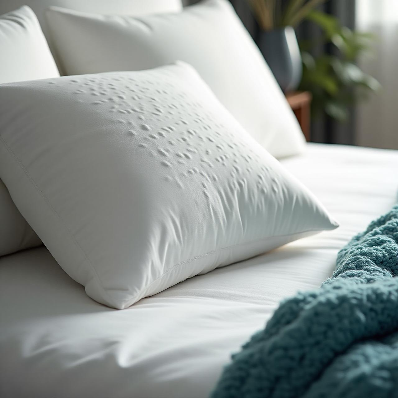 Serene bedroom with sunlight hitting a premium textured pillow